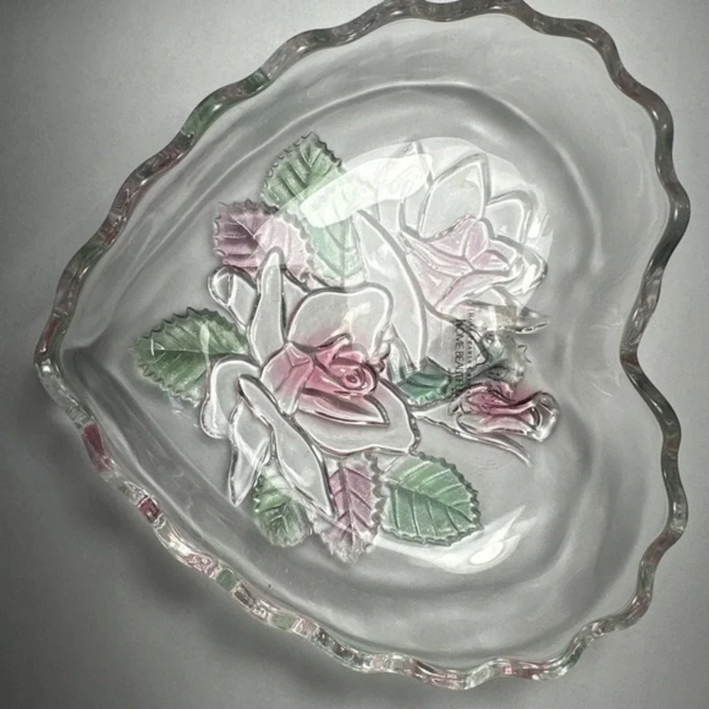 Home Beautiful Dish Japan VTG Crystal Floral Heart  Embossed Rose‎ Serve Candy